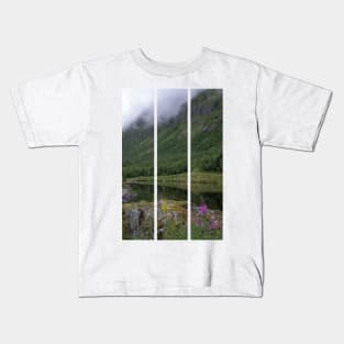 Wonderful landscapes in Norway. Senja, Nordland. Beautiful scenery of a valley with lupine flowers on the rocks. Mirror in the lake. Cloudy summer day. Fog and mountains in background (vertical) Kids T-Shirt